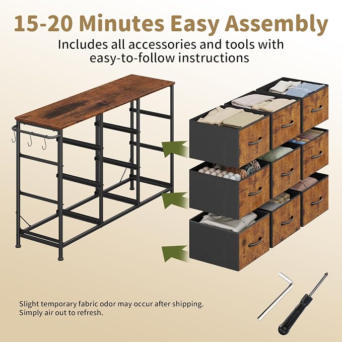Dresser for Bedroom, Small Fabric Dressers for Kids Bedroom, 9 Drawers Dresser for Closet, Storage Organizer Chest of Drawers for Nursery, Dorm, Apartment, TV Stand, Wood Top, Side Hook (Rustic Brown)