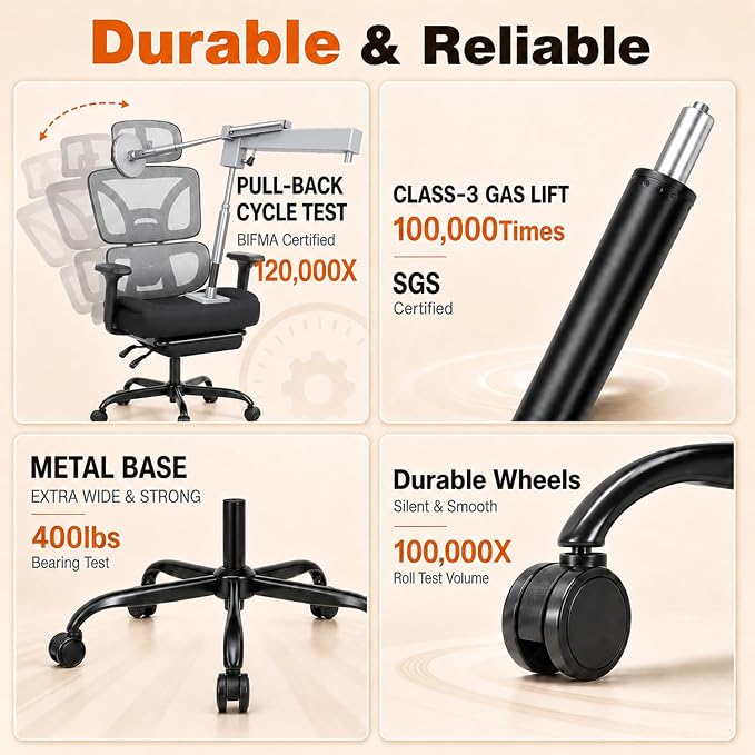 Ergonomic Office Chair with Footrest - High Back Mesh Computer Desk Chair | with Back Support, 135° Reclining, 4D Armrest & Headrest, 400lbs Thickened Seat Cushion, for Home Office, Work & Gaming