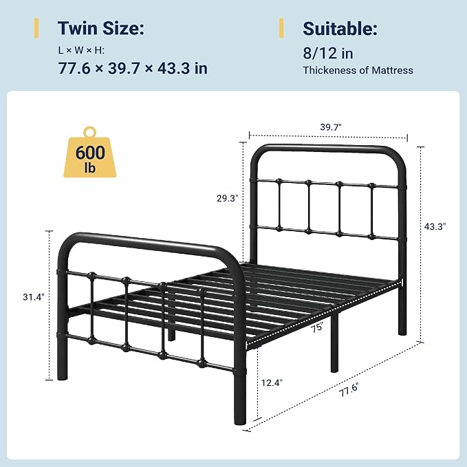 Allewie Twin Size Metal Platform Bed Frame with Victorian Style Wrought Iron-Art Headboard/Footboard, No Box Spring Required, Black