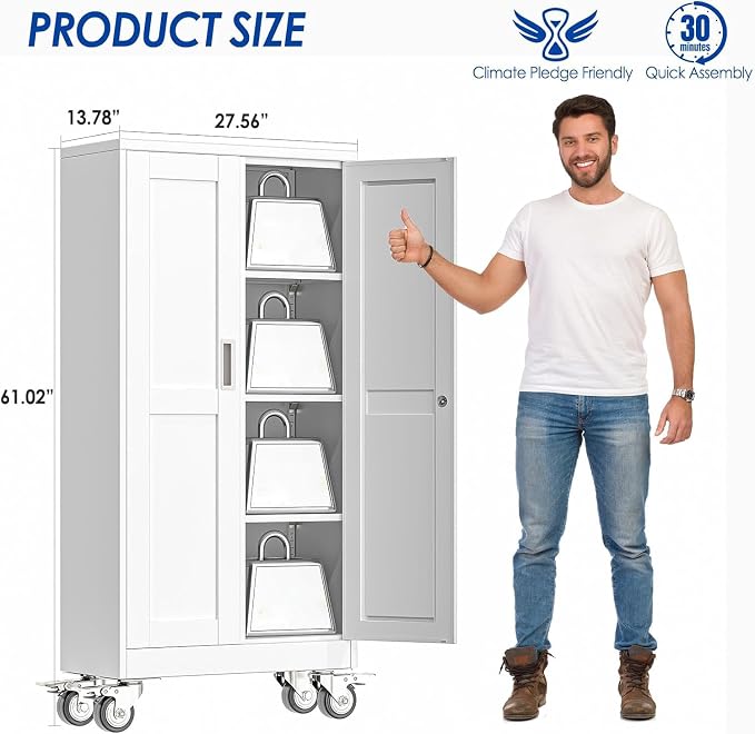 GAIOUS Metal Garage Storage Cabinet with Lock, 61” Tall Lockable File Cabinet with Wheels, Steel Tool Cabinet with 2 Door and 3 Adjustable Shelves, Rolling Cabinet for Home Office Garage Gym - White