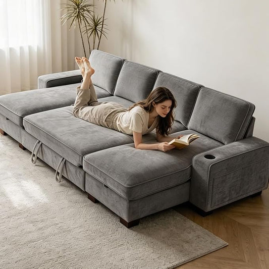 129" Convertible Sleeper Sofa Bed,L Shaped with Storage Chaise Pull Out Couch for Living Room,USB and Type-C,Removable Washable Chenille Covers (Gray)