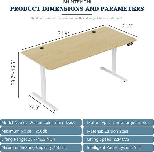 Shintenchi Standing Desk, 71x31 Inch Height Adjustable Electric Sit Stand up Desk, Ergonomic Rising Computer Table, Modern Lift Gaming Desk Workstation for Home Office, Walnut and White
