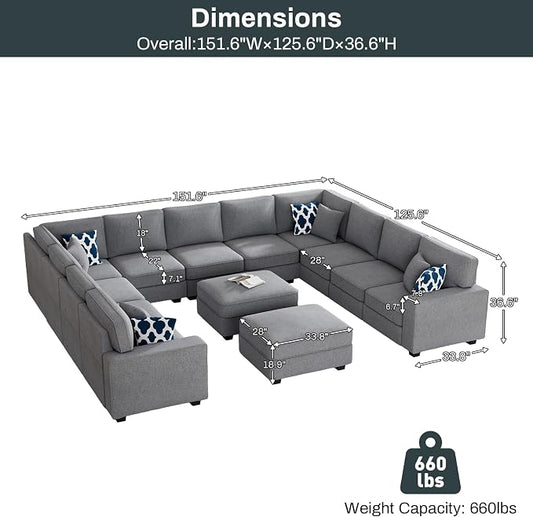 Legend Vansen Oversized Modular Sectional Sofa,U/L‑Shaped Reversible Couch with Ottoman,Deep Seat Plush Polyester Sofa for Living Room,13‑Seater,Dark Grey