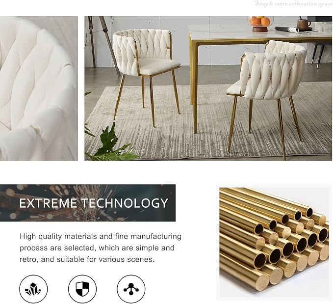 Velvet Dining Chairs Set of 4, Modern Dining Chair with Golden Metal Legs, Woven Upholstered Dining Chairs for Dining Room, Kitchen, Vanity, Living Room (Beige)