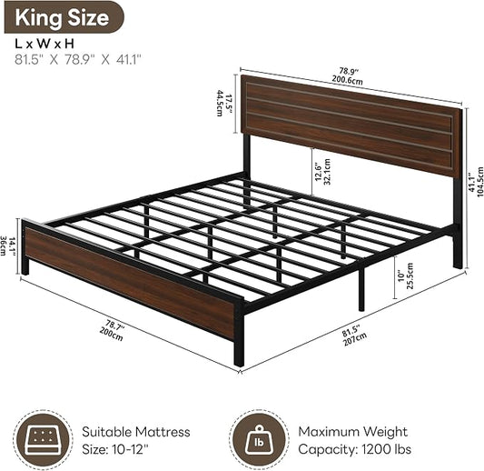 LIKIMIO King Bed Frame and Headboard, Mid-Century Modern King Platform Bed, Heavy Duty Silent Metal Slats, No Box Spring Needed, Noise-Free, Dark Walnut
