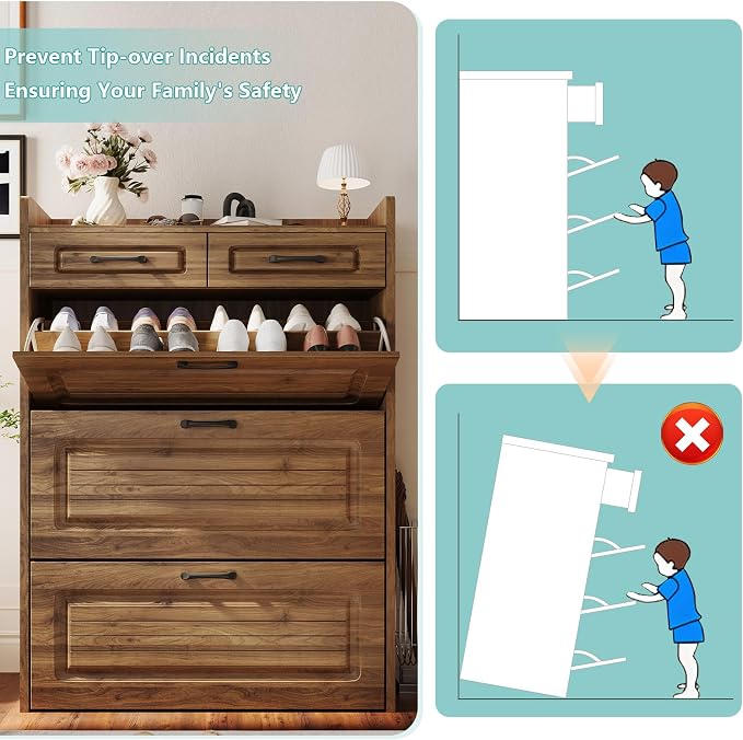 Shoe Cabinet with 3 Large Flip Drawers and 2 Storage Drawers, Narrow Shoe Organizer Cabinet Fits for Kinds of Shoes, Slim Shoe Storage Cabinet for Entryway, Hallway, Walnut