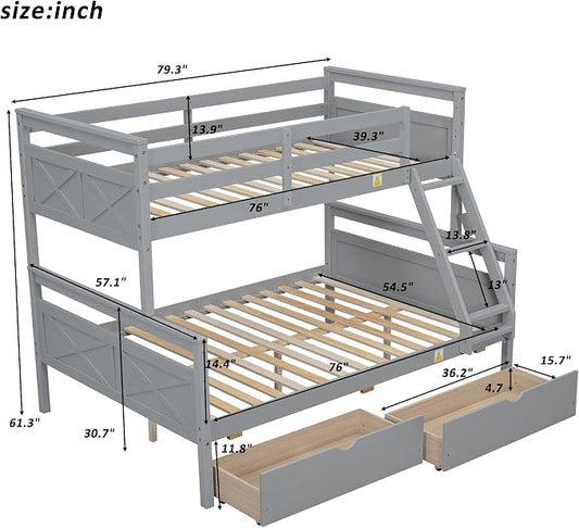 Merax Twin Over Full Bunk Bed with 2 Storage Drawers,Solid Wood Bunk Bed with Ladder and Safety Guardrail for Bedroom Kids Adults,Can be Separated into 2 Platform Beds,Gray