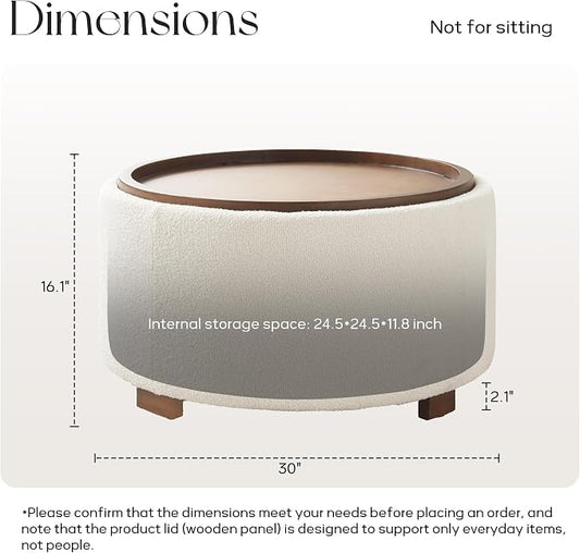 Zihanhome 30 Inch Round Storage Ottoman Coffee Table, Modern Boucle Ottoman with Lift-Off Lid and Solid Wood Legs for Living Room, Bedroom, Corners, Apartments (Beige)