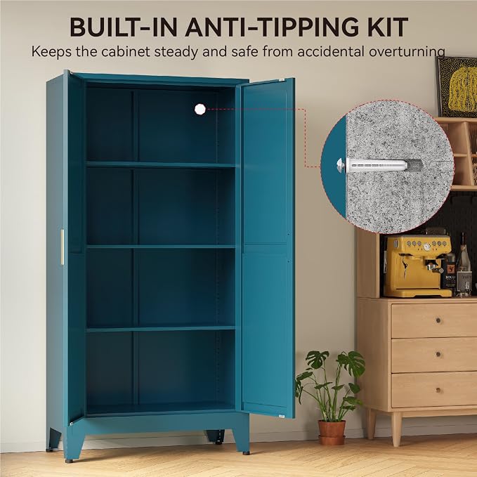 COFaR 61" Metal Pantry Cabinet in Peacock Blue, Farmhouse Storage Cabinet with Adjustable Shelves, Sturdy Freestanding Cupboard for Kitchen Organization, Bathroom & Living Room