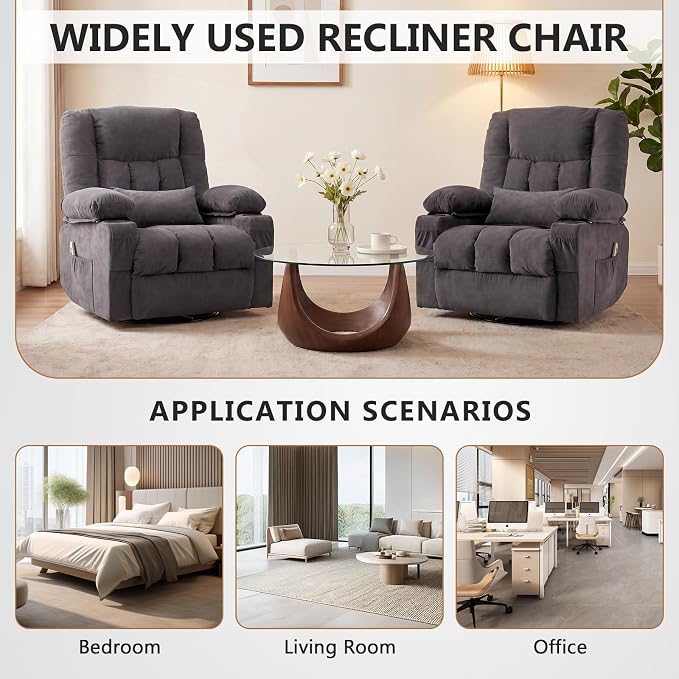 Swivel Rocker Recliner Chair with Vibration Massage and Heat Ergonomic Lounge Chair for Living Room with Rocking Function and Side Pocket, 2 Cup Holders, USB Charge Port