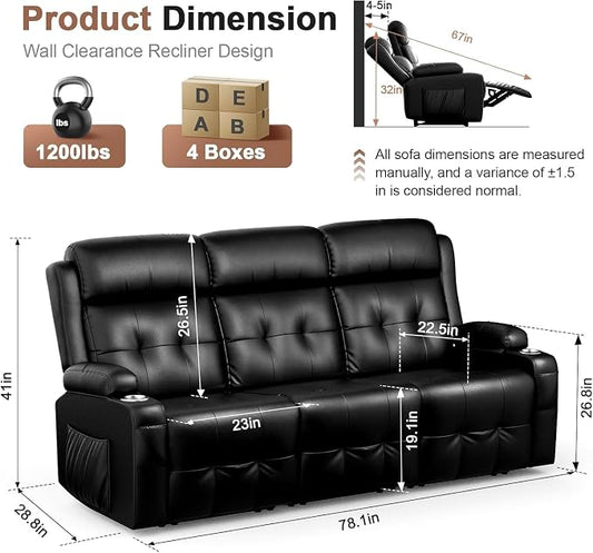 Recliner Sofa, Massage Reclining 3 Seater Sofa Sets Heavy Weight Capacity, RV Loveseat Couch Clearance with Storage, Cup Holders, Wall Hugger Recliners for Living Room & RV Campers
