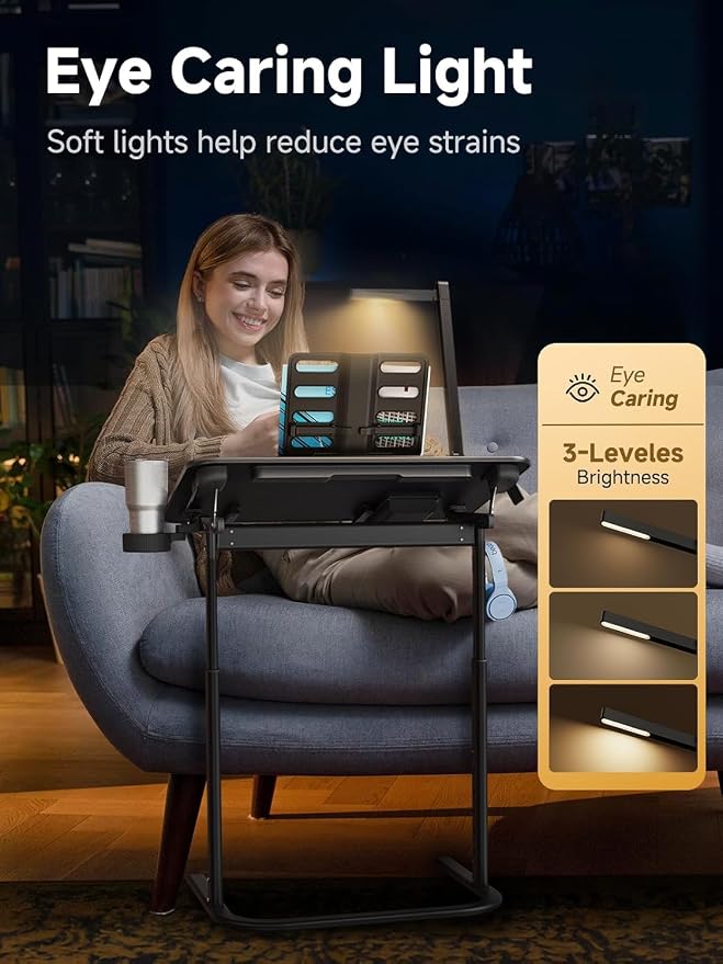 SAIJI XXL Extra Large TV Tray Table,Height & Tilt Adjustable Heavy Duty TV Trays for Eating, Working, Writing,Drawing, Recliner Table Couch Desk with LED Light, Cup Holder, Bookstand