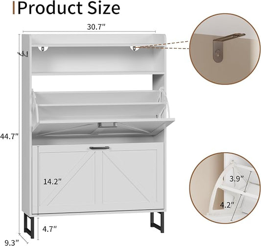Shoe Cabinet with 2 Flip Drawers, Freestanding Hidden Shoe Storage Organizer for Entryway, Narrow Slim Shoe Rack Cabinet with Open Storage & Hooks for Front Door Entrance, Living Room, Hallway, White