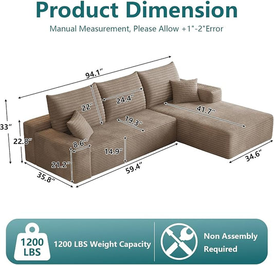 95" Modular Sectional Couch, Boneless L Shaped Cloud Sofa with Chaise Lounge, Corduroy Upholstered Couches Memory Foam Deep Seat, No Assembly Required, Ideal for Living Room(Camel, Right Facing)