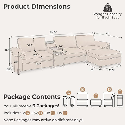 SITJOY Large Cloud Couch, 132" Wide 3 Seater L Shaped with Console, Brown | Pet-Friendly Scratch-Resistant Leather Sectional Sofas for Living Room, Deep Seat Wide Couch with Chaise, Storage Ottoman