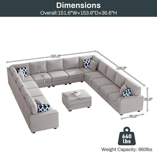 Legend Vansen Oversized Modular Sectional Sofa,U/L‑Shaped Reversible Couch with Ottoman,Deep Seat Plush Polyester Sofa for Living Room,14‑Seater,Light Grey