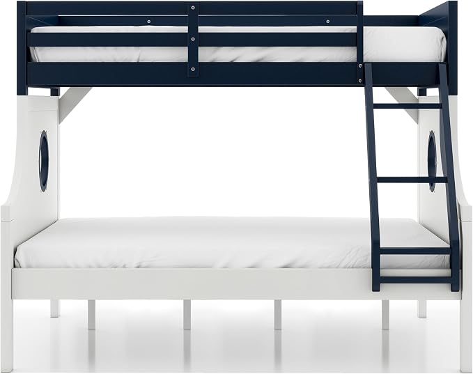 Furniture of America Kirsen Modern Solid Wood Twin Over Full Bunk Bed, No Box Spring Required, Boat Theme, for Kids, Boys, Girls, Bedroom, Dorm, Blue/White, with Trundle