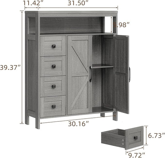 Vabches Farmhouse Storage Cabinet with 2 Doors and 4 Drawers, Freestanding Bathroom Compartment, Kitchen Pantry Cabinet, Floor Cupboard for Kitchen/Living Room/Bathroom (Wash Grey)