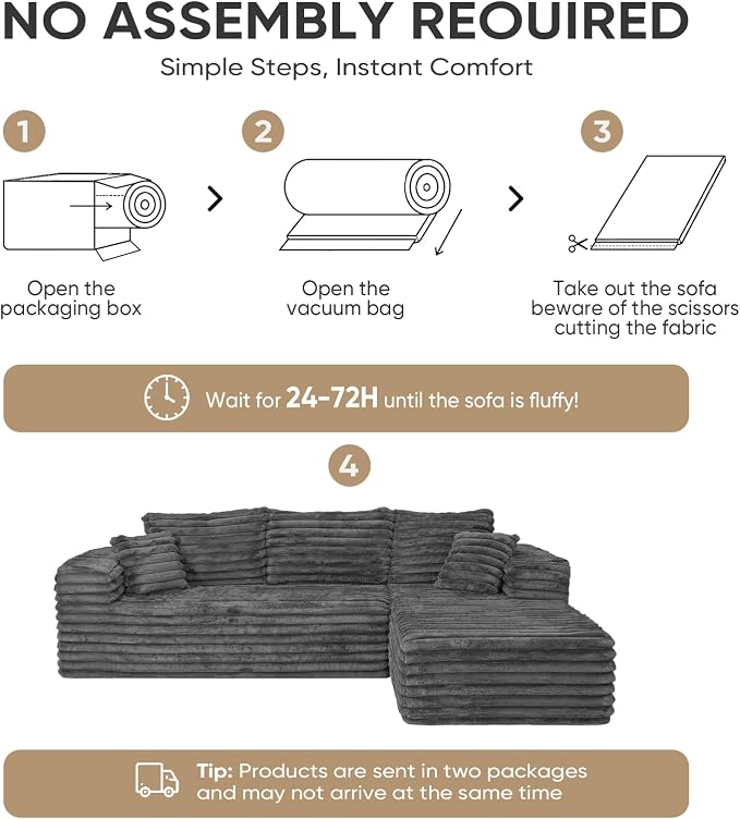 Cloud Sectional Couch with L-Shape Chaise,Modern Modular Sofa with Deep Seat, Upholstered Couches with Right Facing Chaise for Living Room Bedroom, No Assembly Required, Grey (Plush Corduroy Fabric) | 102.4" Modular Sectional Sofa, Cloud Couch Sectiona...