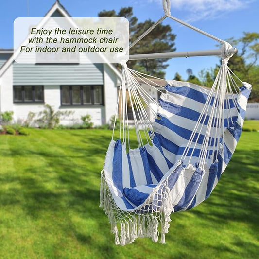 YAERSI Hammock Chair, Hanging Rope Swing Seat with 2 Cushions,Macrame Hanging Chair Side Pocket with High Load-Bearing Metal Rod,for Indoor, Outdoor, Extra Comfortable