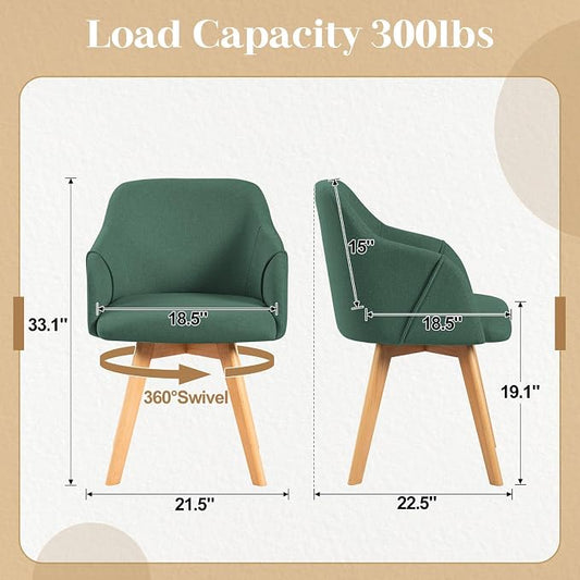Swivel Dining Chairs Set of 6, Mid Century Modern Dining Chairs with Arms, Wood Legs, Linen Fabric Upholstered Kitchen Chairs for Dining Room Living Room, Comfortable Large Seat, Green