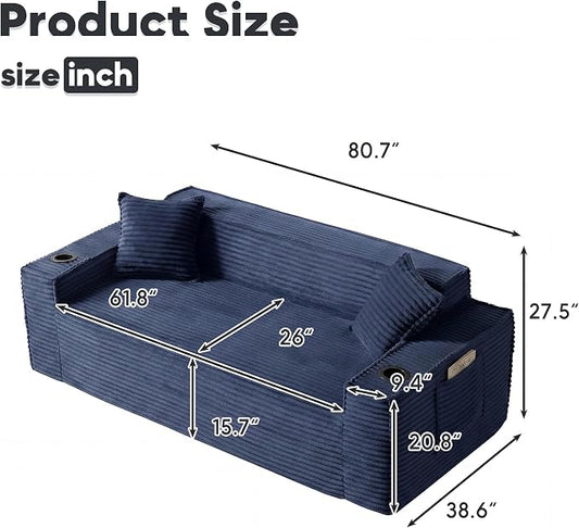 Boneless Sectional Sofa Couch with Cup Holders & Side Pockets, Modern Corduroy Fabric Deep Seat 3-seat Cloud Couch for Living Room Office, No Assembly (Blue)