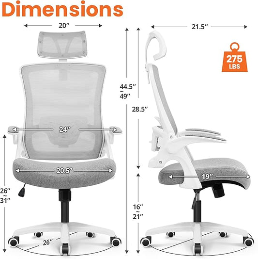 NEO CHAIR Office Desk Chair Gaming Computer High Back Support Mesh Comfy Seat with Adjustable Ergonomic Headrest Lumbar Rolling Flip-up Armrests and Wheels (Grey)