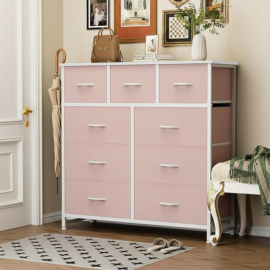 Sweetcrispy 9 Drawer Fabric Dresser Storage Tower with Wood Top and Steel Frame, Organizer Chest with Easy Pull Handles for Bedroom, Closet, Hallway,Pink