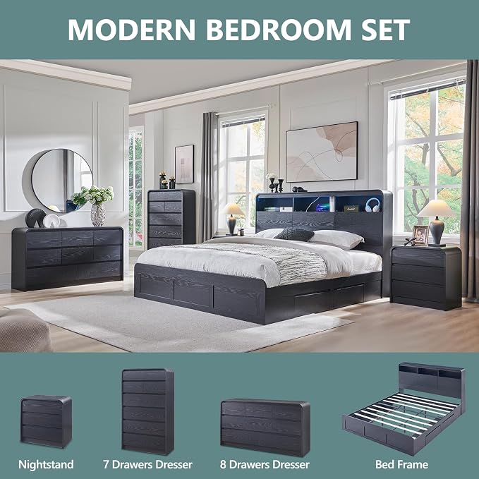 Aitjunz Modern 8 Drawers Dresser for Bedroom, 55" Wide Dressers & Chest of Drawers w/Curved Profile Design, Wood Mid Century Storage Dressers Organizer for Bedroom, Living Room, Black