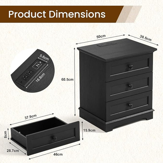 20-Inch Wide Modern Nightstands Set of 2 with Charging Station, End Tables with 3 Large Drawers, Simple Design Bedside Table for Bedroom and Office,Black