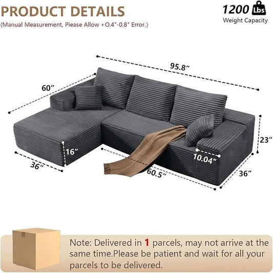 Sectional Couches for Living Room Cloud Couch Sofa with L-Shape Couch in a Box Upholstered Boneless Couchs Modern Modular Sectional Couch with Chaise (Dark Grey,B-3 Seater-Left-Facing Chaise-96 inch)