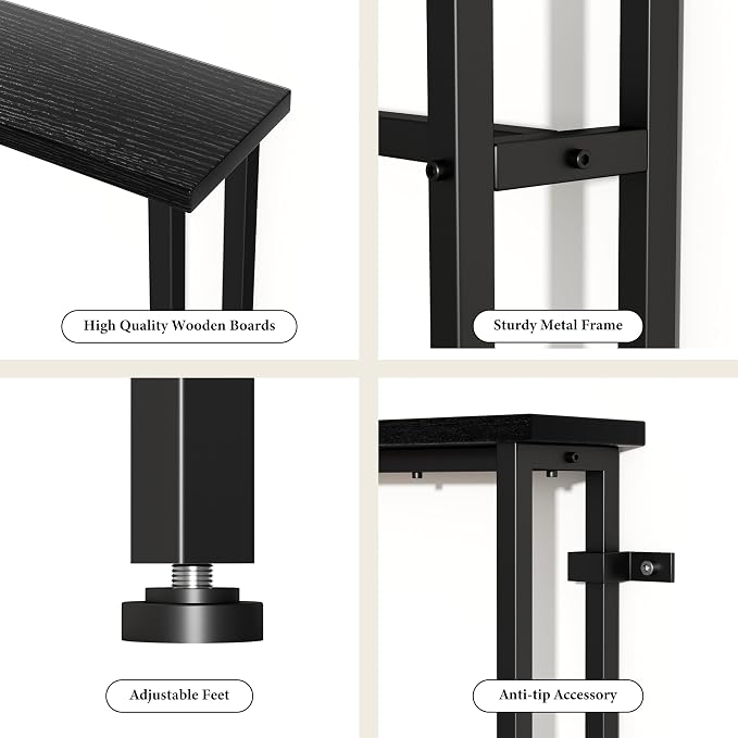GRLEAF 39" Narrow Console Sofa Table with Built-in Power Strip (2 AC Outlets & 2 USB Ports) – 4.9ft Power Cord, Metal Frame, Easy Assembly, Ideal for Behind Couch, Hallway, and Home Office | Black