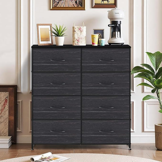 8-Drawer Dresser for Bedroom, Anti-Tip Tall Storage Organizer Chest of Drawers with Wooden Top and Metal Frame Fabric Bins for Closet, Living Room, Hallway, Entryway, Charcoal Black