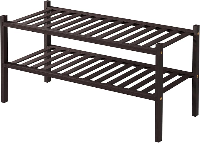 ROMGUAR CRAFT 2 Tier Bamboo Shoe Rack for Closet Free Standing Wood Shoe Shelf for Entryway Small Space Stackable 27"x11"x13" (Brown)