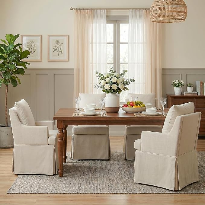 UVV Upholstered Dining Chairs, Modern Kitchen Chair Dining Room Chair with 4 Casters, Linen Armchair for Bedroom Reading Room Living Room, Beige