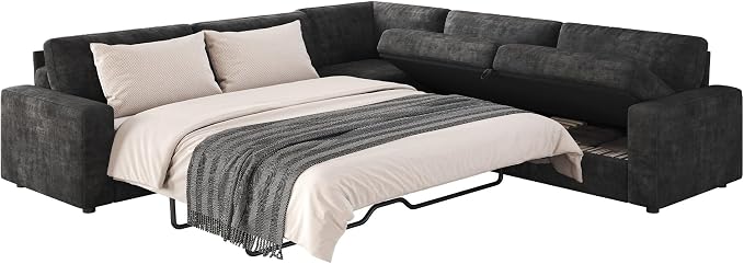 AMERLIFE 106" Oversized Sofa Bed, Sectional Sleeper Sofa with Pull Out Bed, 3 in 1 Convertible Sofa Bed, L Shaped Couch with Storage, High Resilience Mattress, Chenille Grey