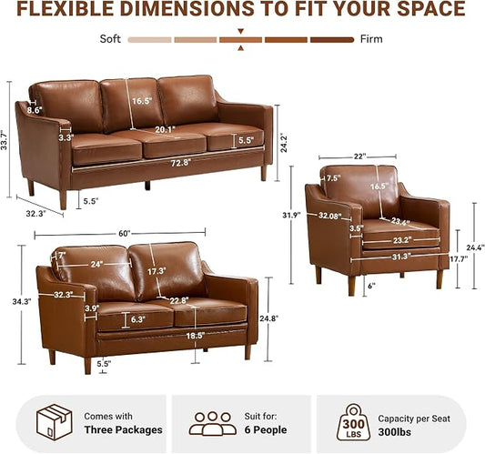Kingfun 3-Piece Sofa Set for Living Room, Mid Century Modern Couch with Loveseat and Chair, Chenille, Solid Wood Frame