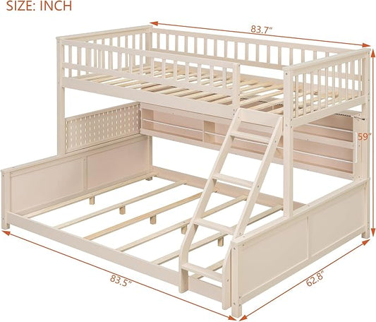 Twin XL Over Queen Bunk Bed, Wood Bunk Bed with Integrated Shelving, Color-Changing Lights and Pegboard for Kids Teens Adults, Beige