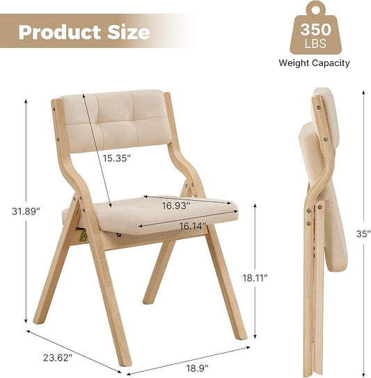 Folding Dining Chairs with Cushion Set of 2,Padded Foldable Dining Chairs,Portable Wooden Folding Chairs with Seat for Dining Rooms Kitchen Wedding Party Indoor Velvet Khaki