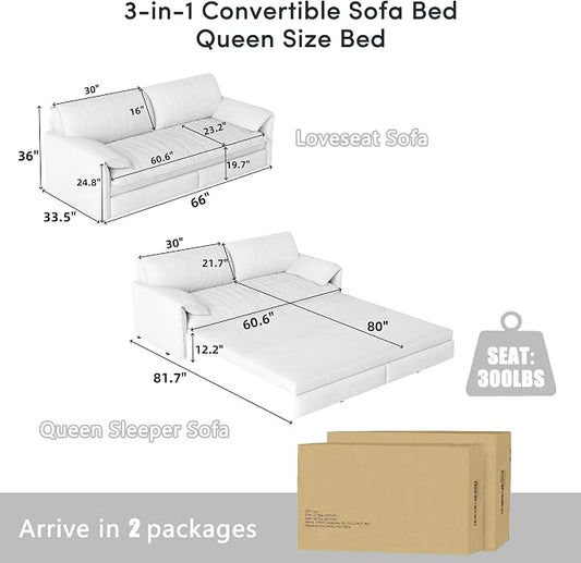 66" Sofa Bed Queen Size, Pull Out Couch Bed, 3-in-1 Convertible Sleeper Sofa with Side Pocket, Modern Velvet Futon Couch for Living Room, Small Space, Apartment, Bedroom, Grey