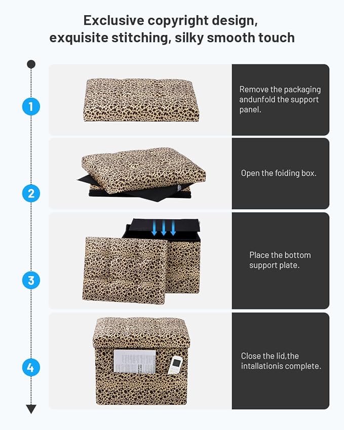 Bsketa Storage Ottoman Foot Rest Stool, Small Velvet Storage Ottomans Bench, Folding Footstool with Side Pockets, Foot Rest Under Desk for Living Room Bedroom, 17x13x13 in, Leopard Print 2 Pack