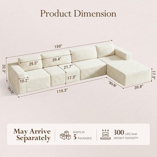 Vesgantti 159" Large Modular Sectional Sofa, L-Shaped Corduroy Cloud Couch with Deep Seats & Spring Support, 4-Seater Boneless Sofa with Movable Ottoman, No Assembly Needed, Beige