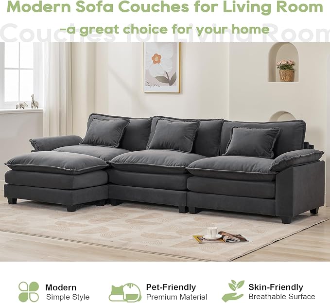 Oprisen 120" Modular Sectional Sofa, Comfy Cloud Couch Sectional Sofa with Ottoman, Velvet Sofa Sleeper Deep Seat Sofa with Throw Pillows for Living Room (Blue Gray, 120"- L Shape)