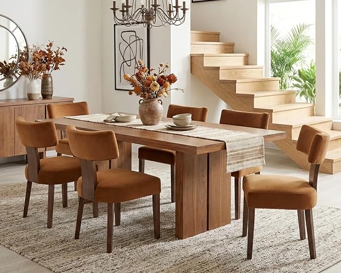 HNY Mid Century Modern Dining Chairs, Velvet Fabric Farmhouse Upholstered and Curved Backrest Kitchen Accent Chairs Set of 6, with Hardwood Frame, Burnt Caramel