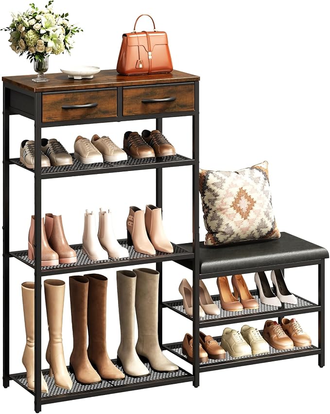 Shoe Rack Bench Shoe Rack for Entryway, Cushioned Entryway Shoe Storage with 2 Drawers & 5-Tier Organizer, Metal Frame Wood Top Narrow Space-Saving Hallway Organizer for Closet & Front Door