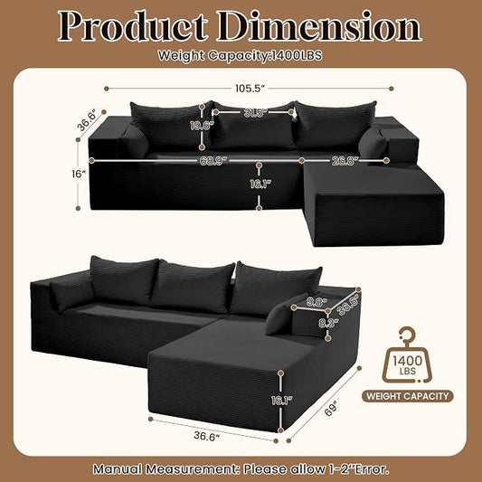GRUSIGN106 Cloud Sectional Boneless Couch for Living Room, Modular L Shaped Couches with Oversized Right Facing Chaise, Memory Foam Compressed Spineless Deep Seat 3 Seater Sofa for Apartment, Black