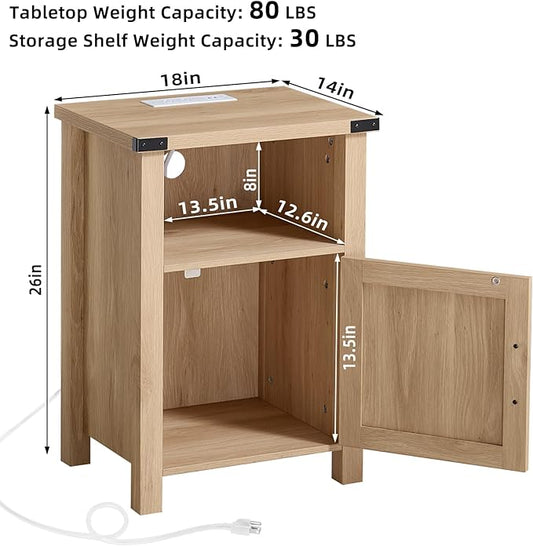Joaxswe Boho Fluted Nightstand for Bedroom, 18" Rustic Night Stand with Charging Station & USB Port, Modern Accent Bedside Tables with Open Storage Shelf & Door, Wood End Table for Home, Natural Oak