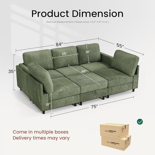 KKL Modular 83'' 6 Seater Sofa Bed - Sectional Sofa with Storage Ottoman, Convertible U/L -Shaped Sleeper Couch for Living Room, Modern Reversible Design, Green