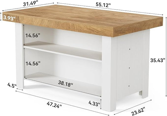 LITTLE TREE 55 Inches Kitchen Island with Storage, 3-Tier Farmhouse Stationary Island Table with Large Worktop & Leg Room, Modern Coffee Bar Table with Storage Shelf for Kitchen, Oak & White