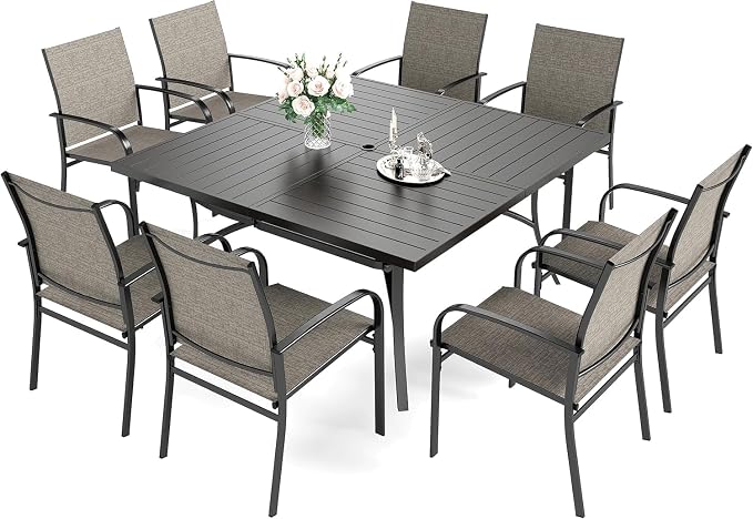 HERA'S HOUSE 9 Pieces Patio Dining Set, Outdoor Table and Chairs Set for 8, 8 x Brown Textilene Dining Chair and 57.5" Square Metal Dining Table, Outdoor Dining Sets for Lawn Garden Backyard Deck